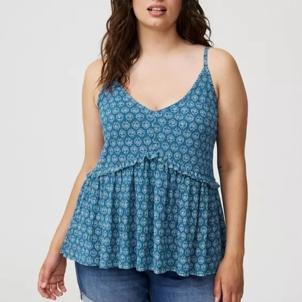 ​NWT Torrid Blue Flower Motif Gauze Ruffle Tunic Tank - Size 0 (Large/12)